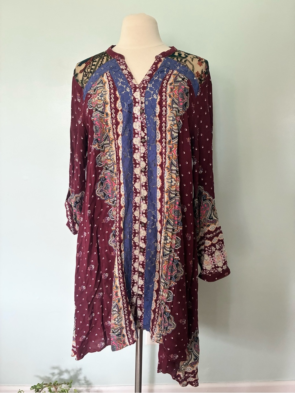 Anthro Cyrena Boho Mixed Media Shirt Dress